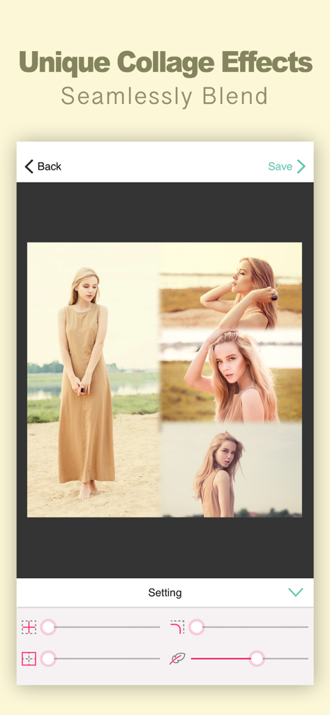 A screenshot of the Encollage app showing a photo collage with seamless blending effects and editing adjustment sliders.