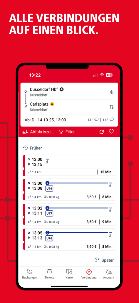 redy - Redy App-Oberfläche, die öffentliche Nahverkehrsverbindungen und Routenplanung in Düsseldorf anzeigt
