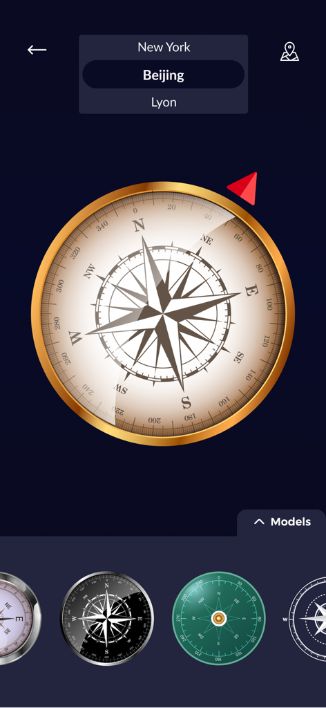 Simple Digital compass for you - Digital compass app with a vintage design and a city selection dropdown menu