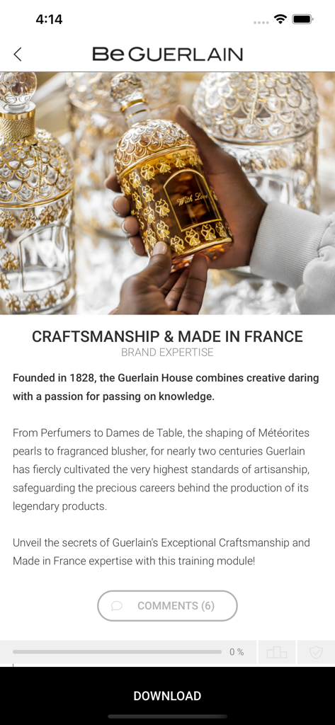 Be GUERLAIN - A training module in the Be GUERLAIN app titled Craftsmanship and Made in France featuring hands holding a gold perfume bottle.