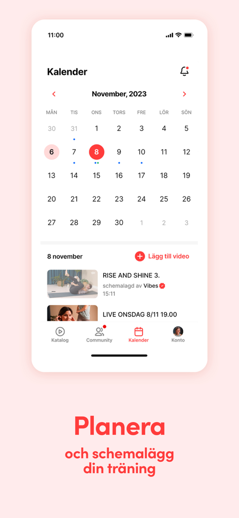 Vibes - 예약된 요가 및 라이브 운동 세션을 보여주는 바이브스 앱 캘린더 스크린샷.