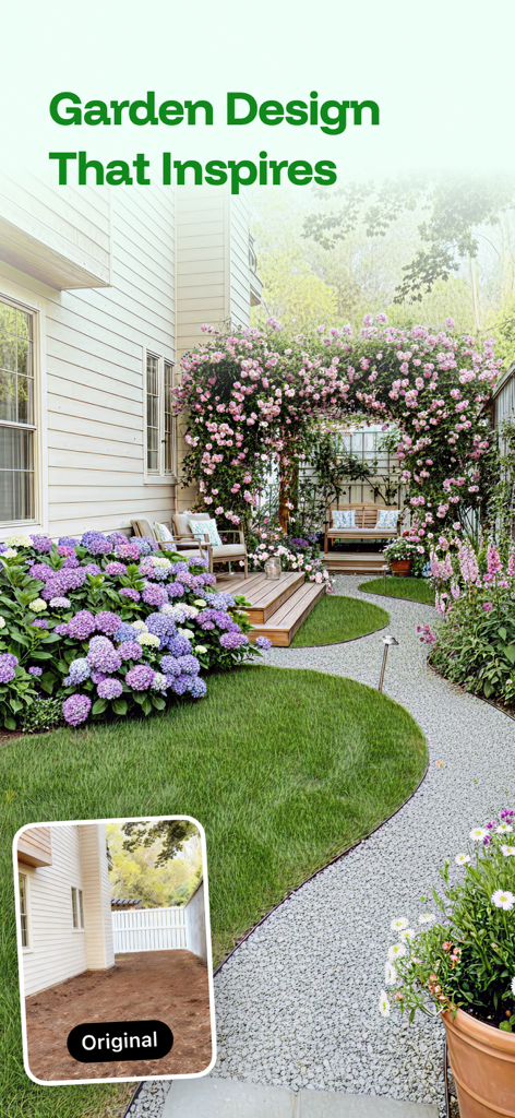 A side-by-side comparison showing a bare dirt backyard transformed by AI into a lush garden with a stone path, flower arch, and green lawn.