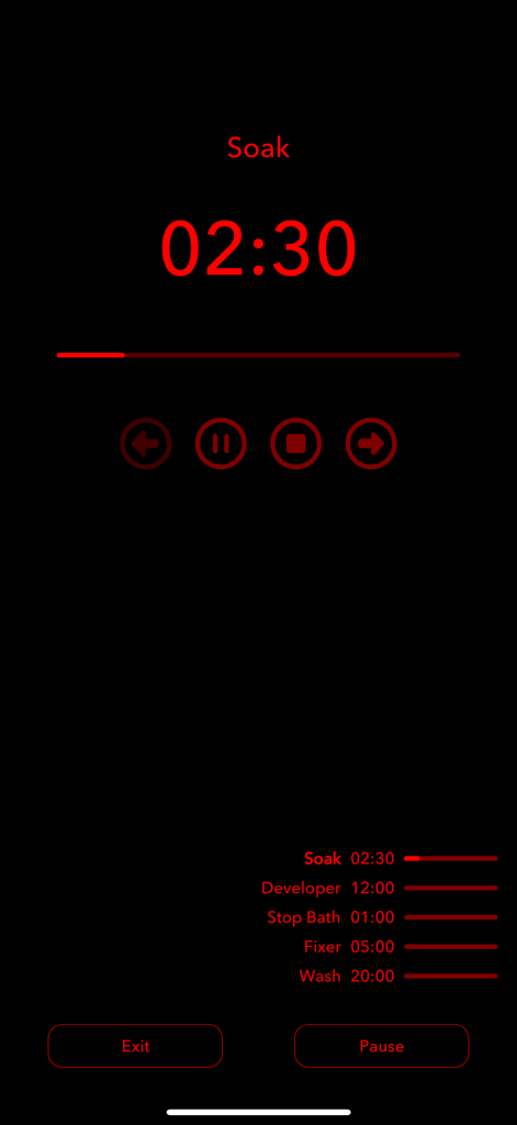 Art of Foto - Interfaz de temporizador de cuarto oscuro seguro con luz roja para el revelado de película analógica que muestra pasos como remojo, revelador y fijador.