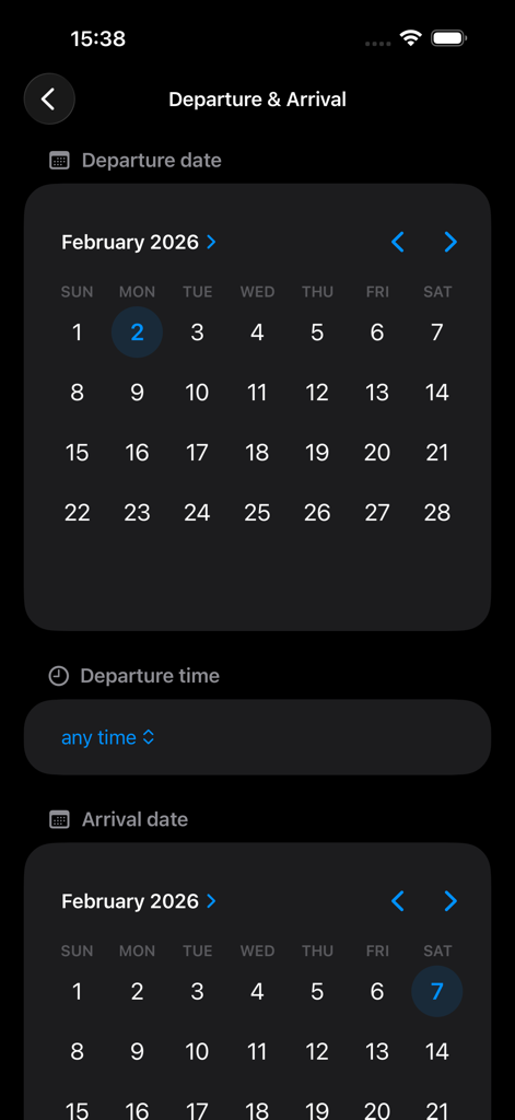 AirTickets: Quick Booking - Interface do aplicativo AirTickets mostrando seletores de calendário para escolher datas de partida e chegada de voos em tema escuro.