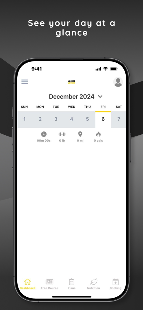 Jacked Javelin - Jacked Javelin App-Dashboard mit einem täglichen Trainingskalender und Workout-Metriken