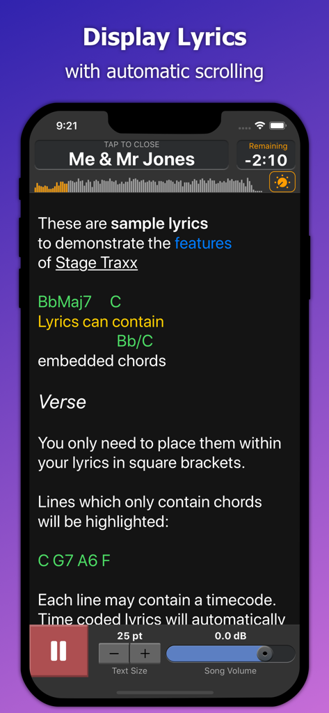 Stage Traxx 3 - Stage Traxx 3 app interface showing auto-scrolling lyrics with embedded musical chords for live performance.