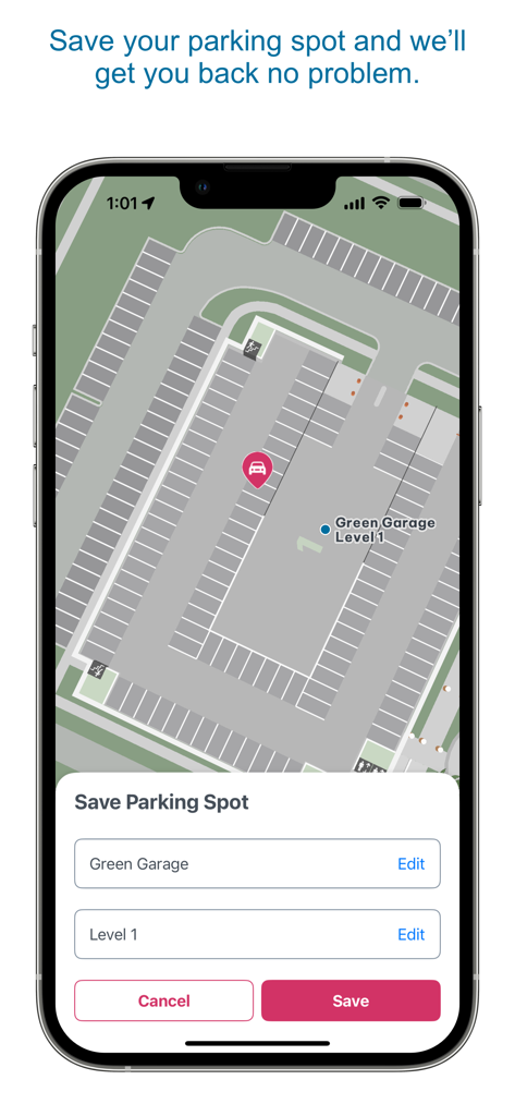 My Nicklaus Children's - Interface of the app showing how to save a parking spot in the hospital garage with a map and location pin
