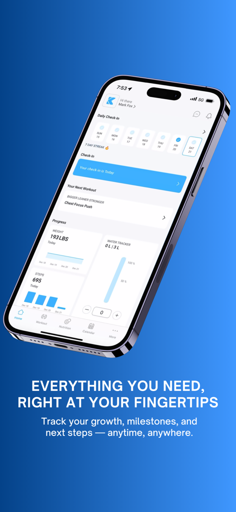 Dashboard do aplicativo Kahunas mostrando planos de treino, acompanhamento de progresso e check-ins diários de fitness em um smartphone