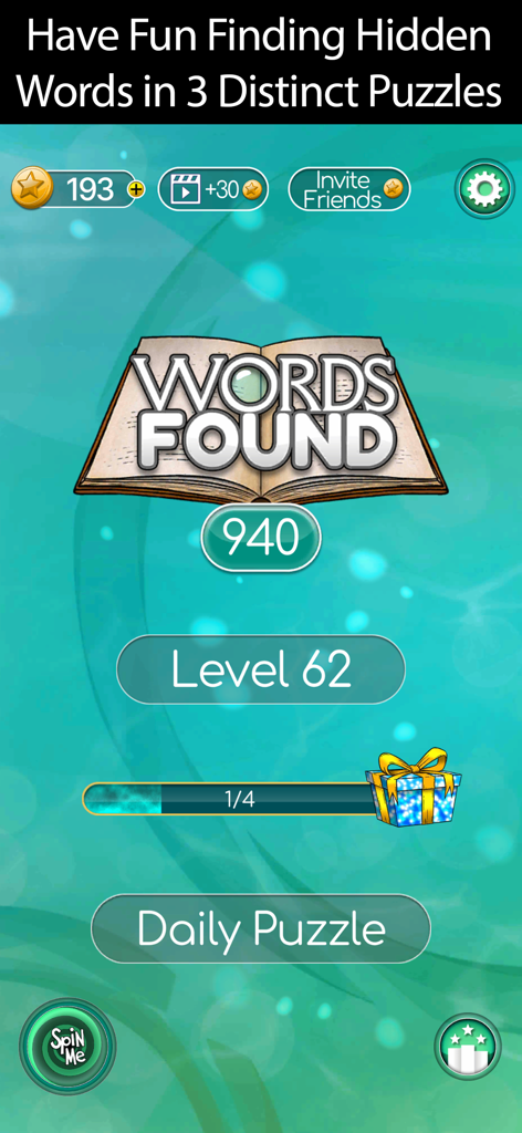 Hidden Word Find - Menu principal do jogo mobile Hidden Word Find mostrando o progresso dos níveis e opções de quebra-cabeça diário