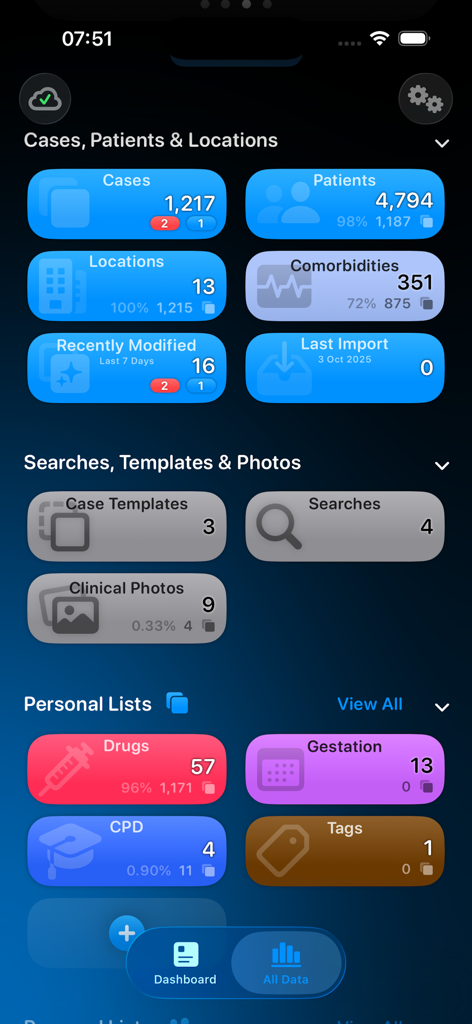 Somnus - The dashboard screen of the Somnus medical app showing statistics for cases, patients, comorbidities, and personal medical lists in a dark interface.