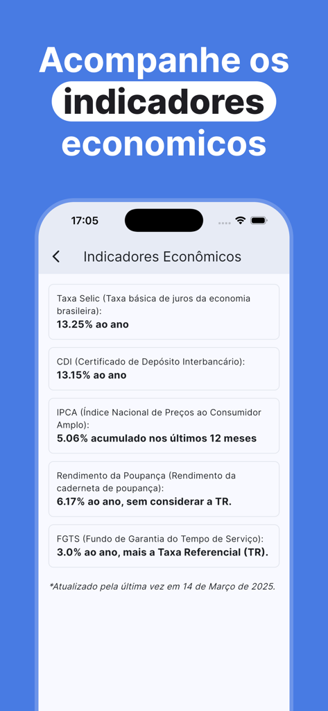 CalculaTudo: Juros, IPVA e + - SelicとCDIレートを含むブラジルの経済指標を表示するCalculaTudoアプリの画面