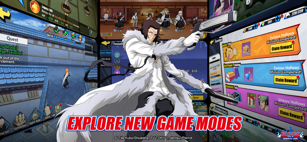 Bleach Immortal Soul game interface showcasing various gameplay modes and the character Starrk with the text Explore New Game Modes