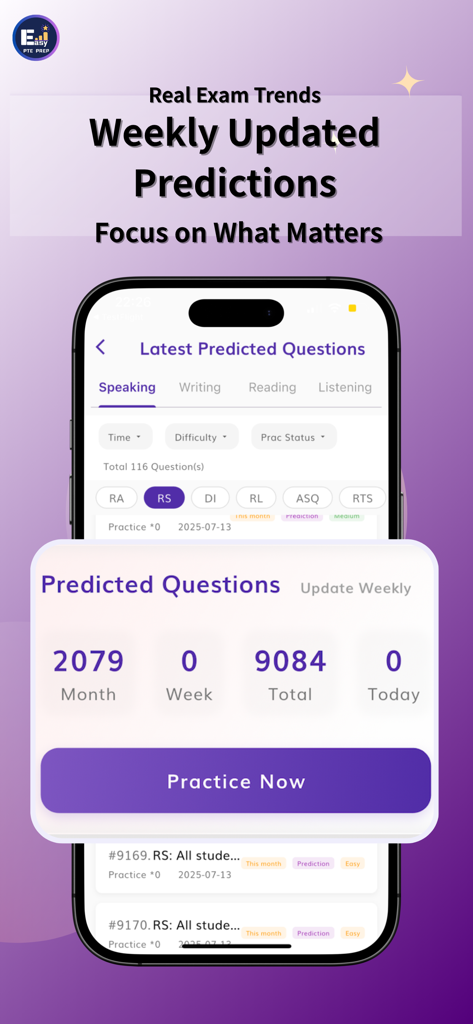 EasyPTE mobile app interface highlighting weekly updated exam predictions and real PTE trends.