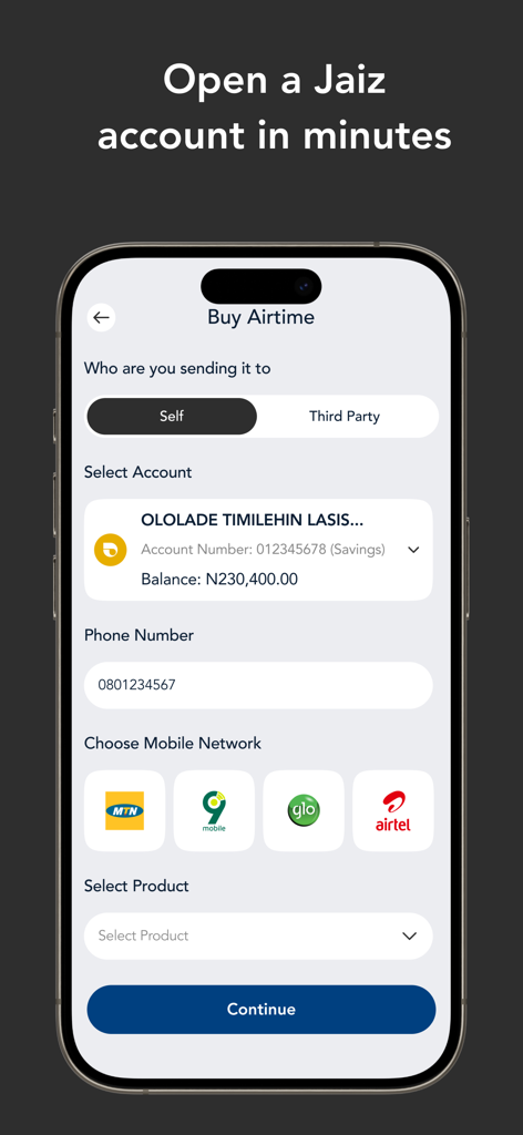 Jaiz Mobile Plus - Airtime purchase screen on the Jaiz Mobile Plus banking app.