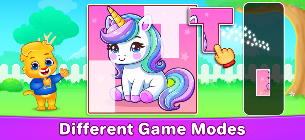 Puzzle Games For Kids 3+ Years - Unicorn jigsaw puzzle screen from the Puzzle Kids educational app showing drag and drop mechanics