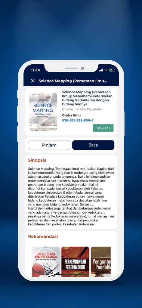 SIGITA. - A mobile app screen displaying details for the book Science Mapping including title author synopsis and borrow buttons