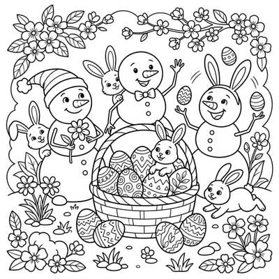 Get ready for a unique Easter celebration with our charming cartoon snowmen! This delightful coloring page features playful snowmen and adorable bunnies enjoying decorated eggs and blooming spring flowers, perfect for a cheerful activity.