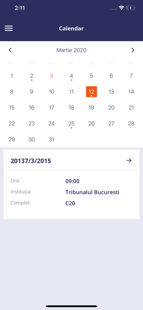 Calendar view of the Monitor Dosare app showing details for a court case hearing at Tribunalul Bucuresti.