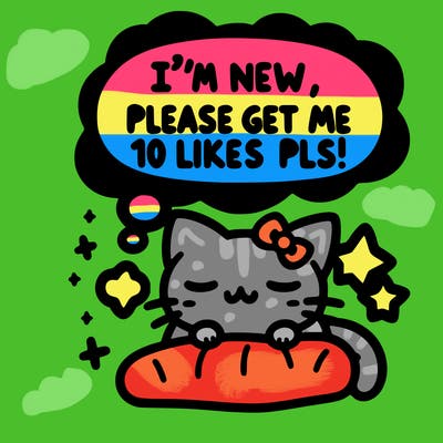 kitty taking a nap dream talking and saying "i'm new, please get me at least 10 likes pls!!"