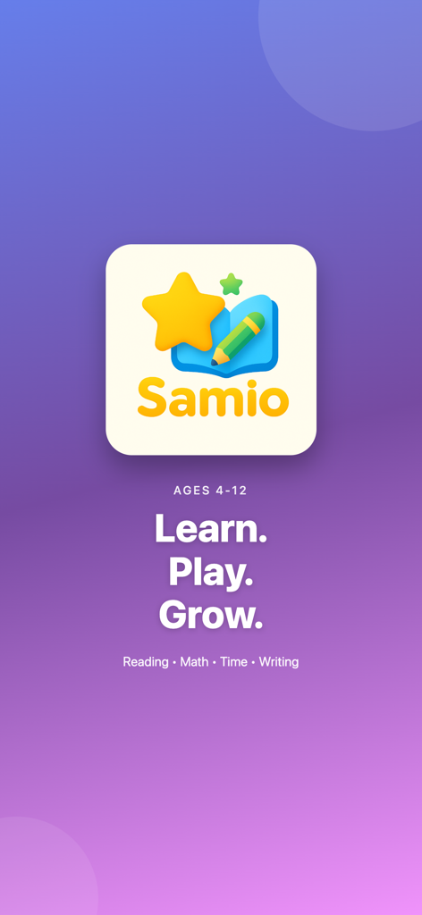 Samio Learning - Samio Learning app logo with slogan Learn Play Grow for ages 4 to 12