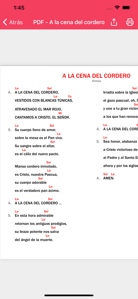 Vue PDF de l'hymne À la cena del cordero avec paroles et accords de guitare dans l'application iResucito