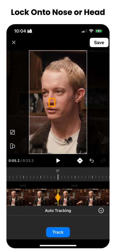 Motion Track: After Effect VFX - ビデオスタビライゼーションのために男性の鼻にロックオンされたトラッキング四角形が表示されたビデオフレームを示すMotion Trackアプリのインターフェース。
