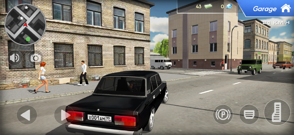 A black Lada 2107 driving through a city street in an open world environment