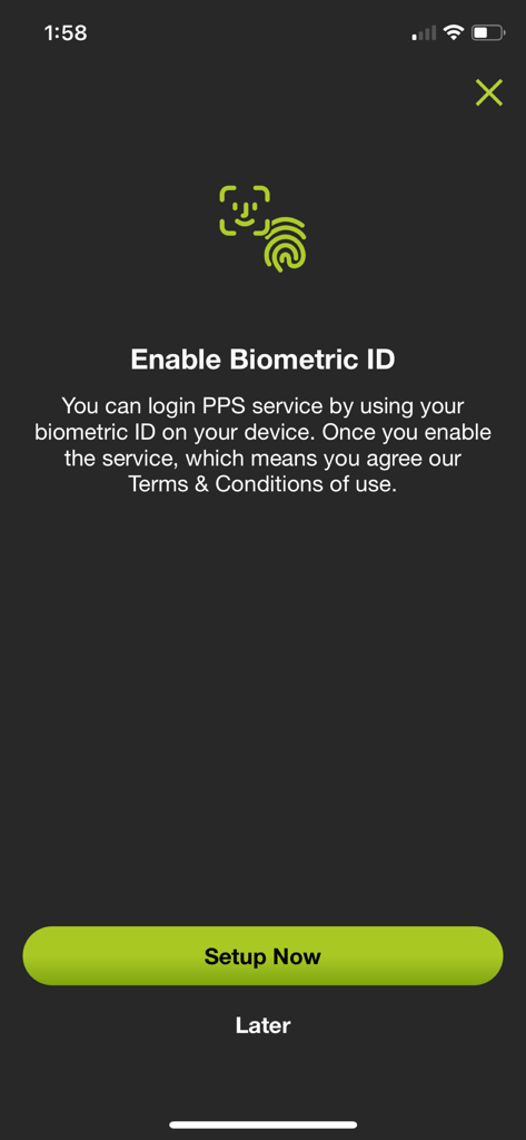 Pantalla de habilitación de ID biométrica en la aplicación PPS en el Móvil con botón de configuración