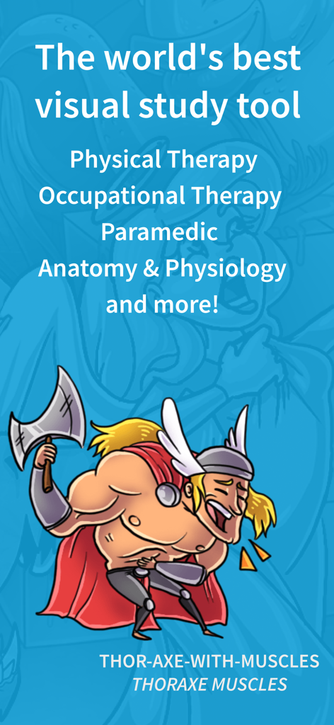 Picmonic Anatomy & Physiology - A cartoon illustration of Thor with an axe as a visual mnemonic for thorax muscles.