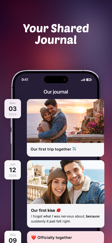 Cuties: App for Couples - Uma tela de diário compartilhado no aplicativo Cuties mostrando uma linha do tempo de marcos e fotos do relacionamento.