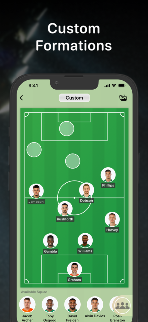 Teamsheet - Soccer Line Up - A mobile phone screen showing a custom soccer formation on a digital pitch with player photos and names.