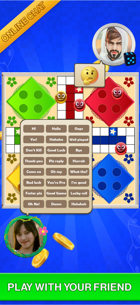 Classic Ludo Online - Classic Ludo Online gameplay showing the in-game chat interface with quick message options and player avatars