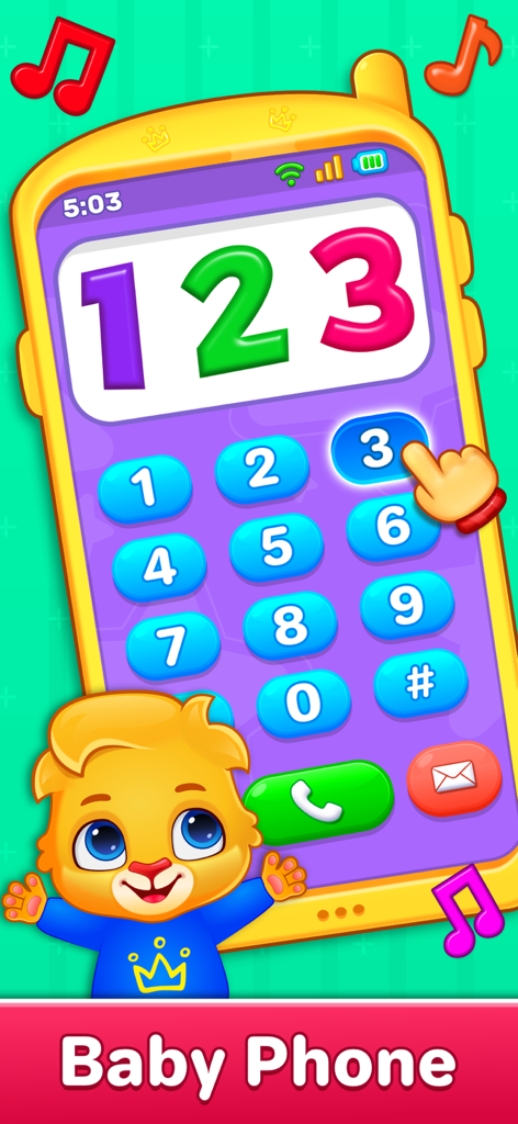 A colorful toy phone interface for toddlers featuring large number buttons and a cute cartoon character.