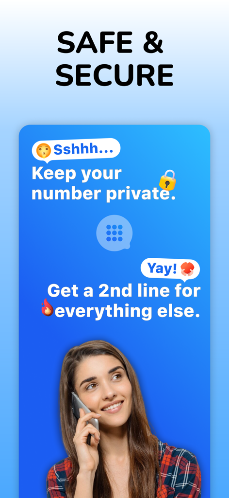 Uma mulher sorrindo em uma ligação telefônica promovendo um aplicativo de número de telefone secundário seguro e protegido para privacidade