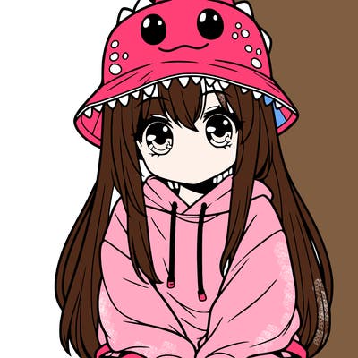 girl with anime shaped eyes with a dinosaur bucket hat oversized sweatshirt long straight hair
