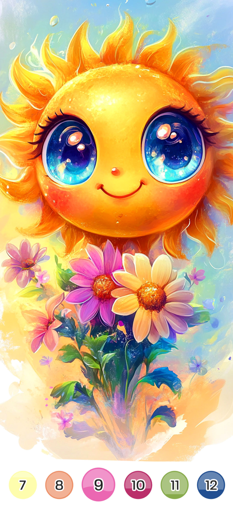 Un mignon soleil cartoon et des fleurs vibrantes en cours de peinture dans l'application Color Up.