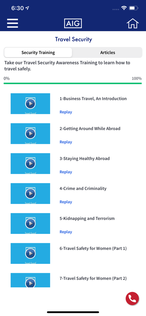 AIG Travel Assistance - Interfaz de la aplicación AIG Travel Assistance mostrando una lista de módulos de capacitación en seguridad de viaje que incluyen temas como viajes de negocios y mantenerse saludable en el extranjero