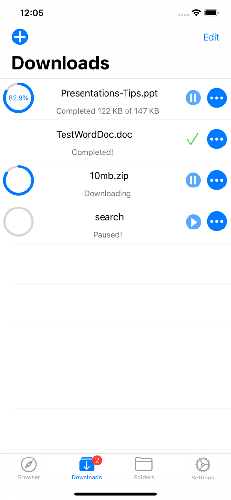 My FileManager - Documents - Download manager showing status and progress for various file types in the app