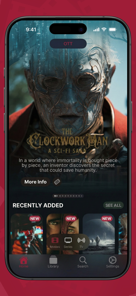 SeeClap - IPTV & Xtream Player - Interfaz de la aplicación reproductora IPTV SeeClap mostrando contenido de película destacado y menú de navegación en iPhone
