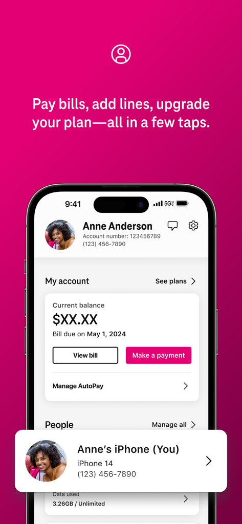 T-Life app interface for managing mobile accounts and paying bills