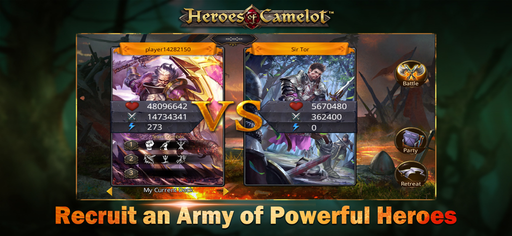 Heroes of Camelot - A versus screen in Heroes of Camelot showing hero card stats and tactical battle options.