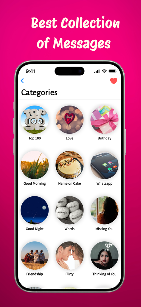 Love Messages, Birthday Wishes - Screenshot of the Love Messages and Birthday Wishes app displaying various message categories such as Love, Birthday, and Friendship