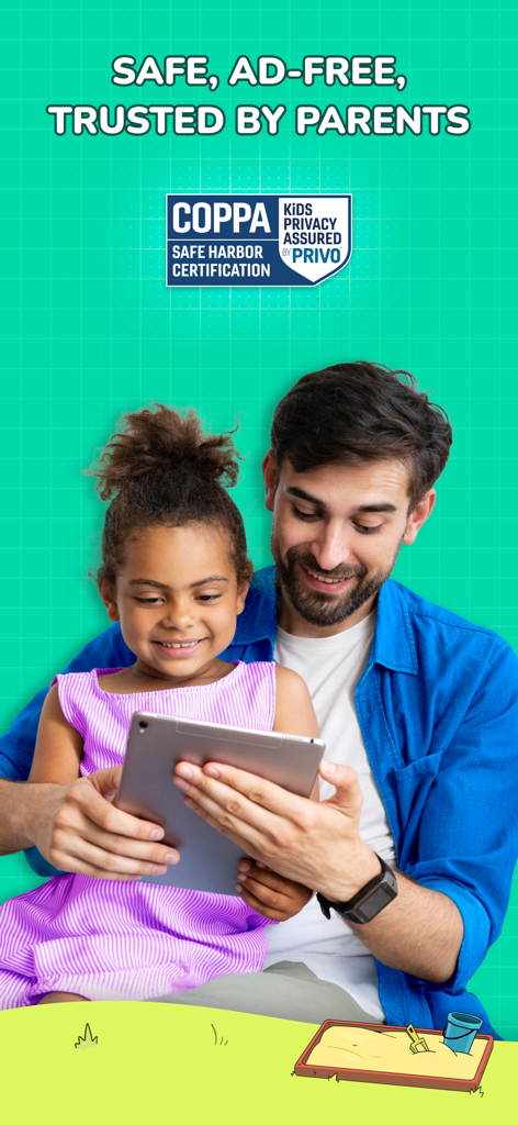 Nick Academy - A father and daughter using a tablet together for safe and ad-free learning with COPPA certification