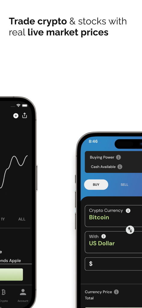 Redvest app screen showing live stock charts and a cryptocurrency trading interface