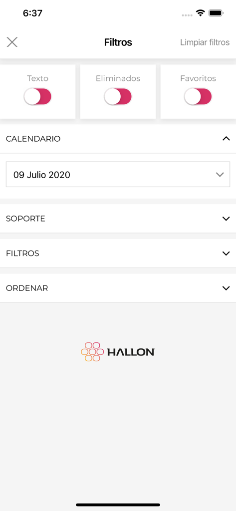 Interfaz de configuración de filtros en la aplicación Hallon mostrando el selector de fechas y los interruptores de contenido para monitoreo de medios
