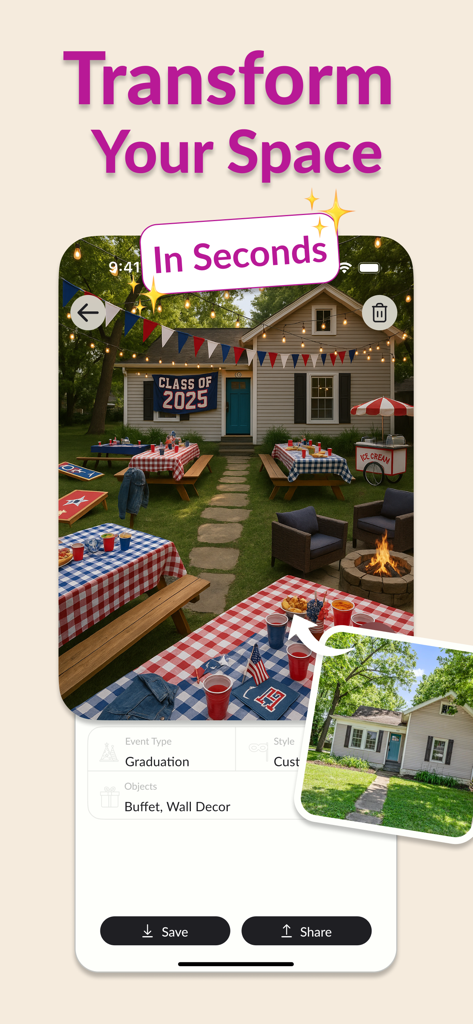 AI Event Designer - Party Plan - L'application AI Event Designer montrant un jardin transformé en une fête de remise de diplôme décorée.