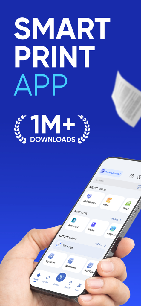 Smart Printer App - Air Print - A hand holding an iPhone displaying the Smart Printer App interface with options for printing documents photos and emails.