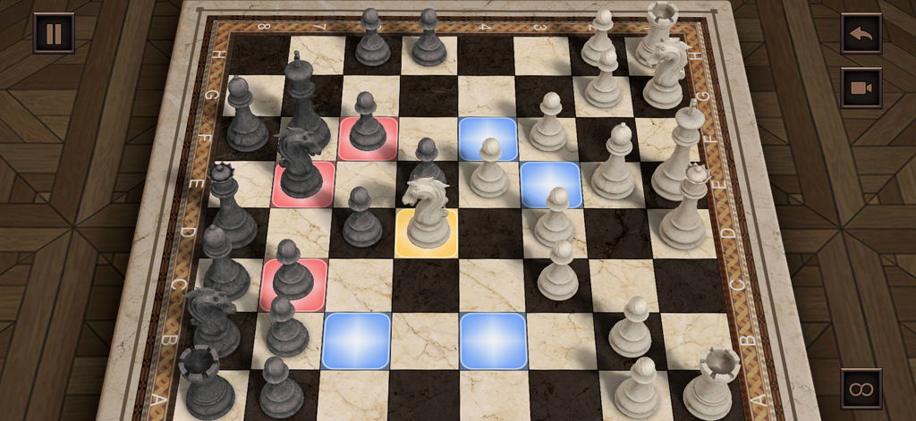 Royal Chess - 3D Chess Game - Vista inmersiva del tablero de ajedrez 3D que muestra un caballo blanco con movimientos posibles resaltados y objetivos de captura.