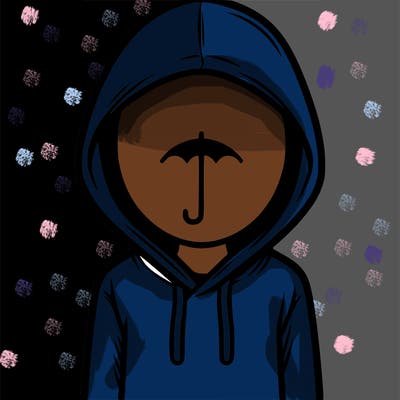 a person with non face waering a hoodie with a small umbrella symbol