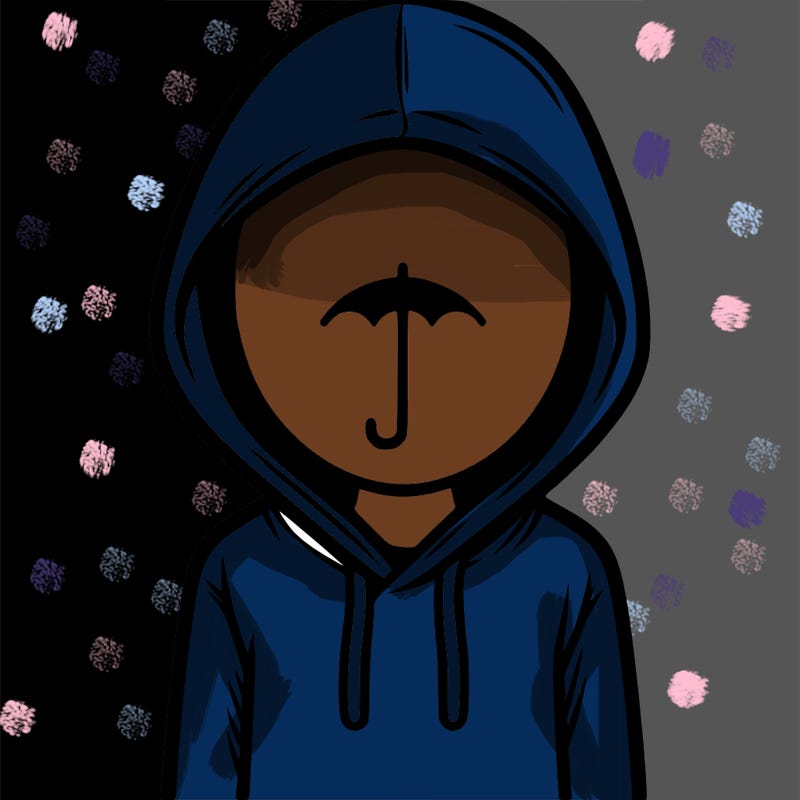 a person with non face waering a hoodie with a small umbrella symbol
